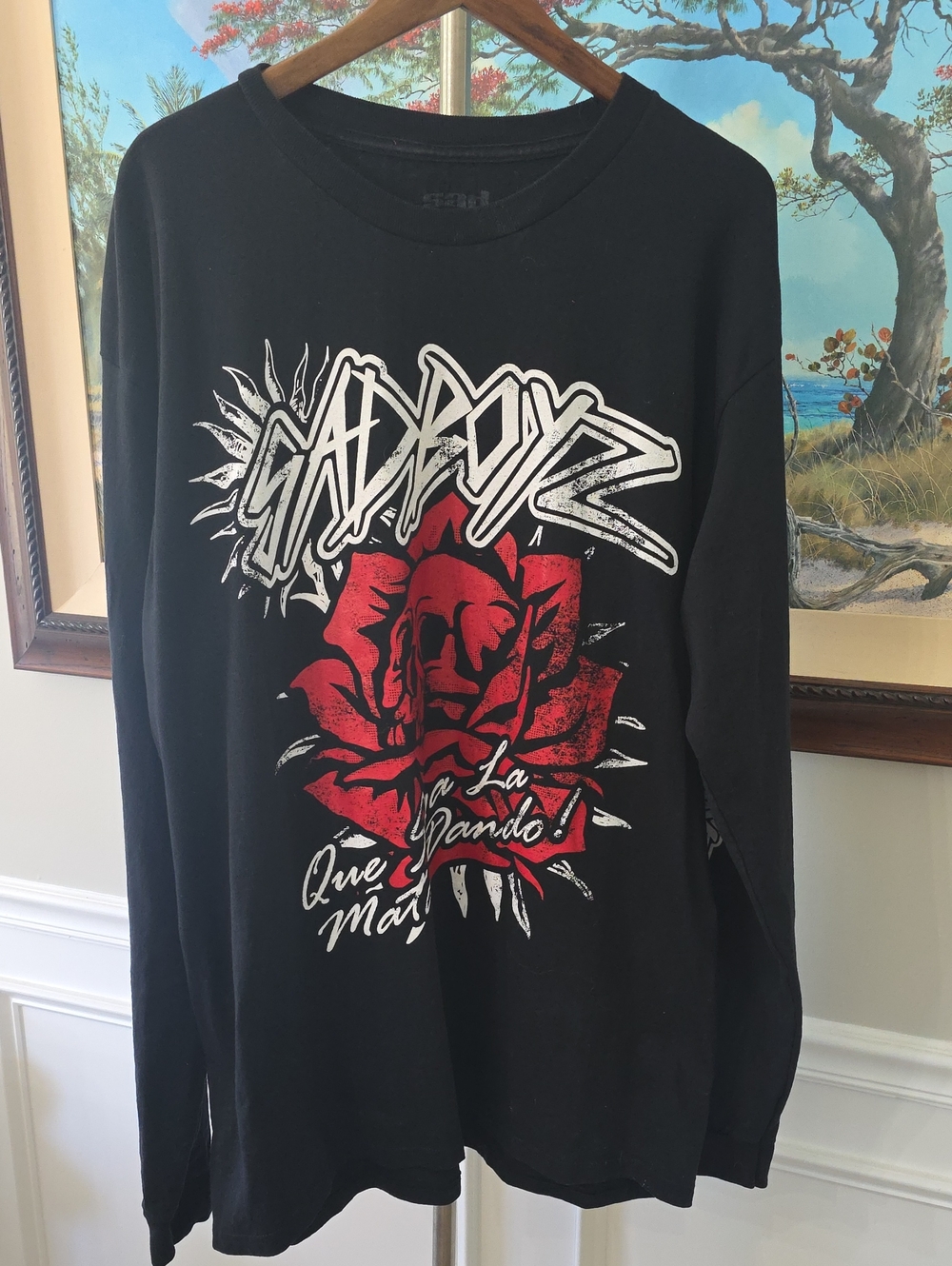 Black Long Sleeve Graphic Tee with Red Rose Design